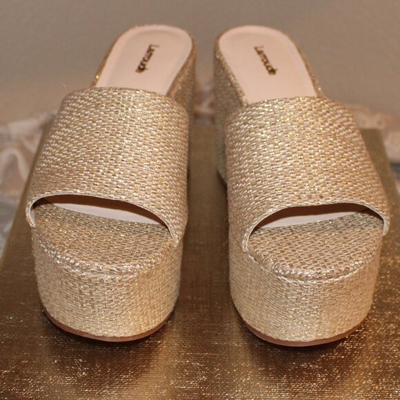 Larroude Miso Platform Sandal - Metallic Raffia Gold - size 10 - Picture 1 of 12